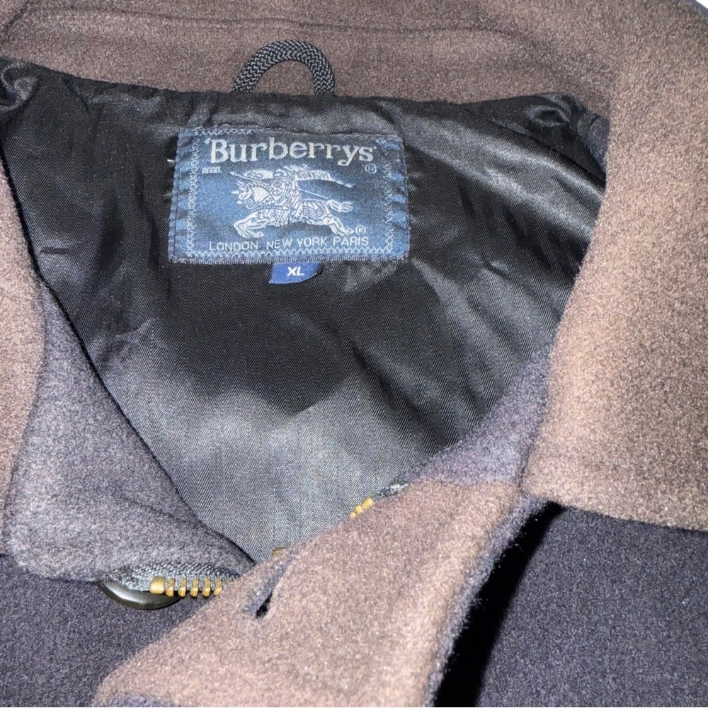 Burberry XL Navy Blue Wool Coat & Leather Collar Overcoat Vintage - Picture 5 of 13